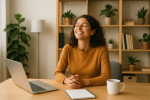 Femme souriante assise devant son bureau moderne, illustrant le bien-être et l’épanouissement au travail.