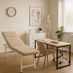 Cabinet médical moderne avec table d’examen, bureau et décoration professionnelle.