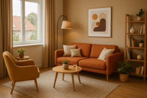Cabinet de psychologie avec canapé bleu et fauteuil moutarde, décoration moderne et ambiance conviviale.