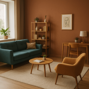 Cabinet de psychologie moderne et décoré chaleureusement avec canapé orange, fauteuil confortable et lumière naturelle.